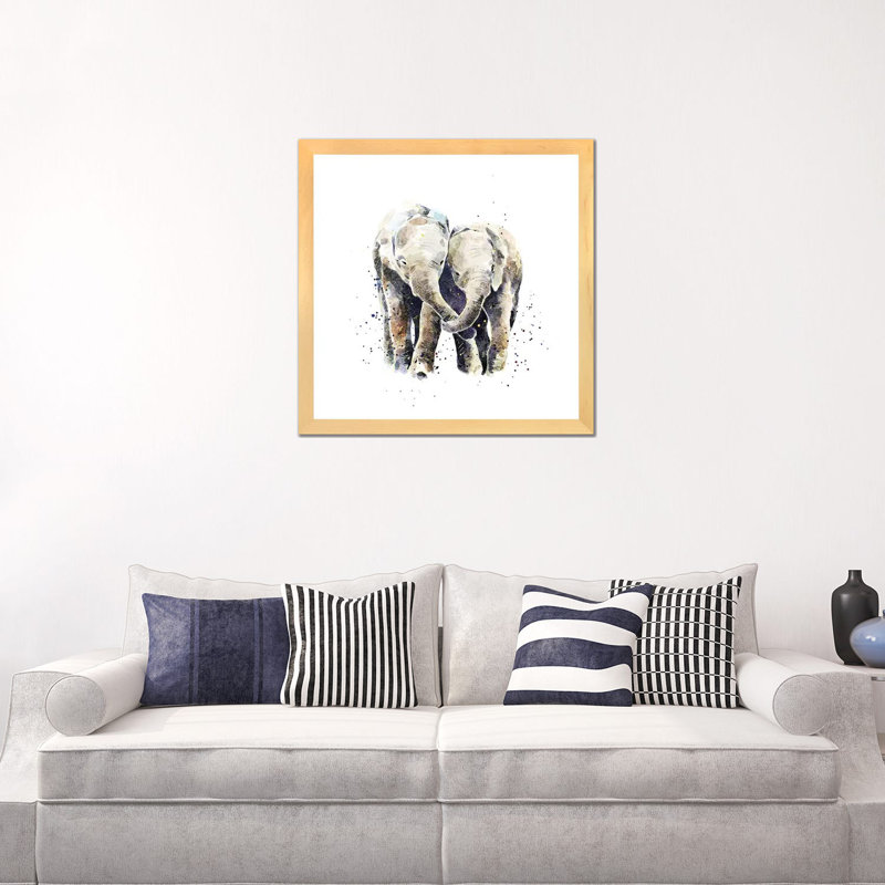 Deux éléphants par EdsWatercolours - impression, H 24 po x l 24 po x p 1 po, Toile avec cadre en bois beige, Blanc