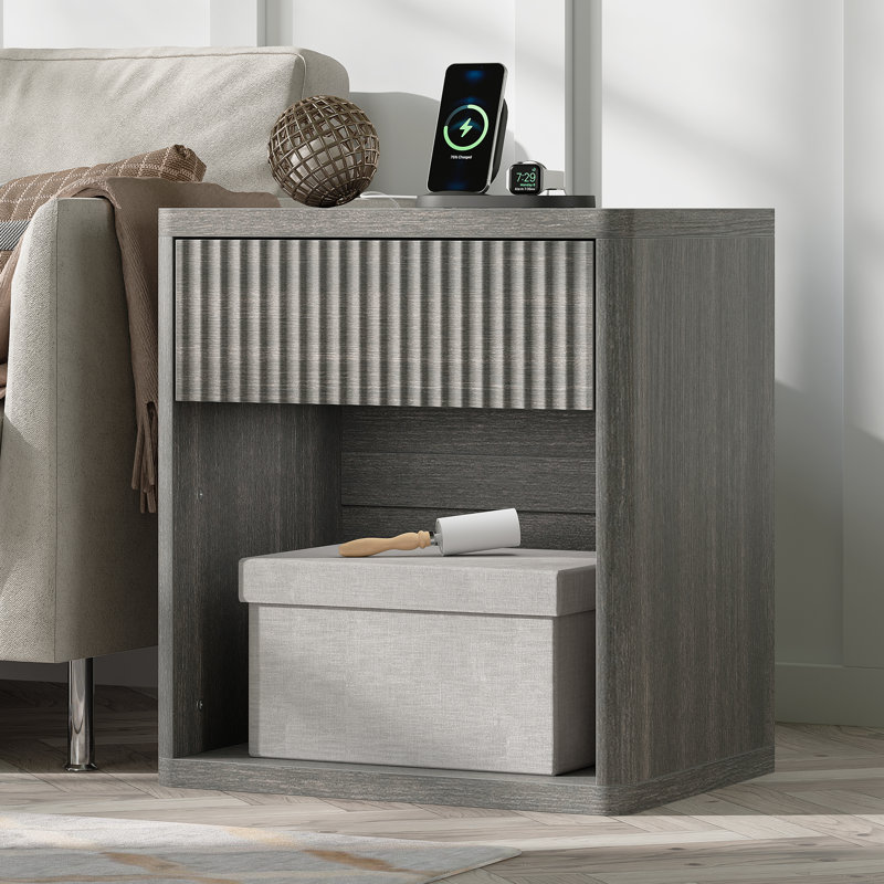 Valerica 1-Drawer Fluted Nightstand with Charging Station, Gray