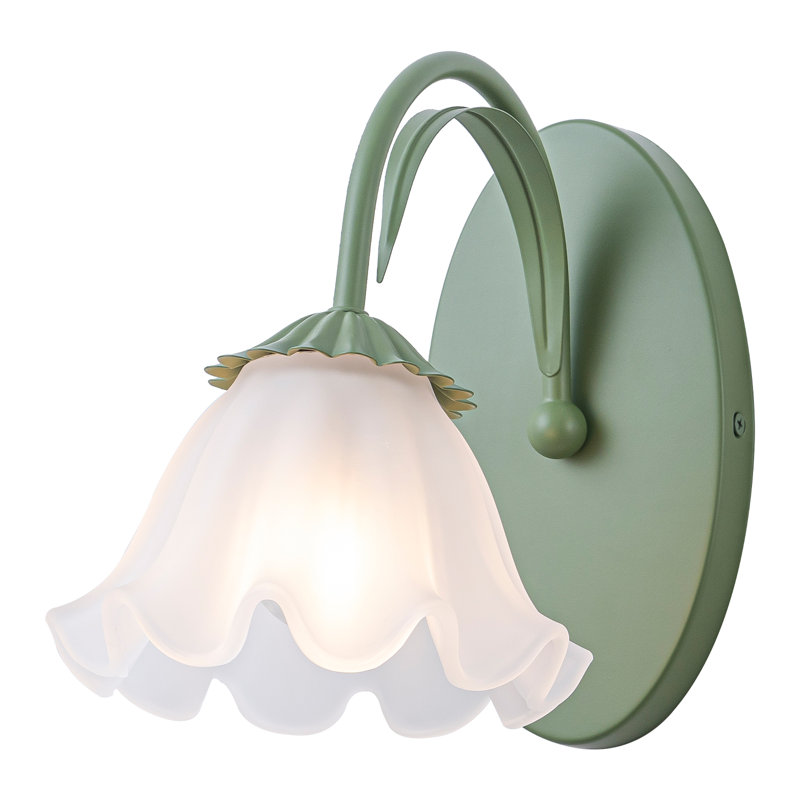 1/3-Light Green Metal Wall Sconce with Flower Frosted Glass Shade, Hand Blown Glass, E26 Base, Dimmable, Reversible Mount