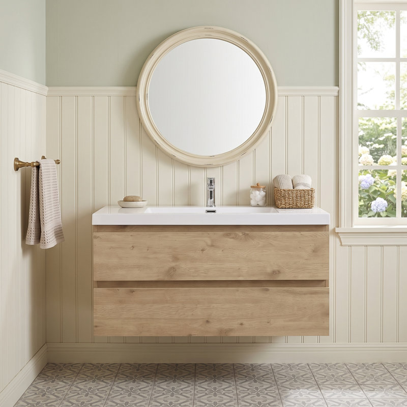 Meuble-lavabo mural en mélamine de bois de 42 po, aspect bois naturel, résistant à l'usure, aux égratignures et à la porosité, surface facile à nettoyer, préassemblé