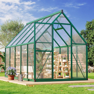 6 x 9 ft Greenhouse, Polycarbonate Walk-in Greenhouse with Aluminum Frame, Adjustable Roof Vent and Lockable Door, Green Houses for Outside, Garden, Backyard and Patio, Green