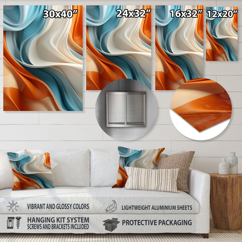 «Blue and Orange Fractal Curves In Motion III», reproduction d'art mural en métal fractal, H 20 po x l 12 po x P 1 po