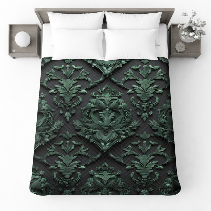 Couvre-lit matelassé damassé vert orné toutes tailles, Full / Double