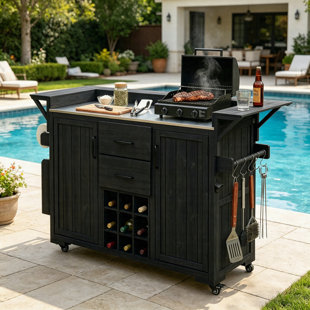 60.2" Outdoor Kitchen Island Cart With Wheels, Rolling BBQ Grill Cart With Stainless Steel Top, Solid Wood Patio Prep Table With Drawers, Spice Rack & Wine Rack