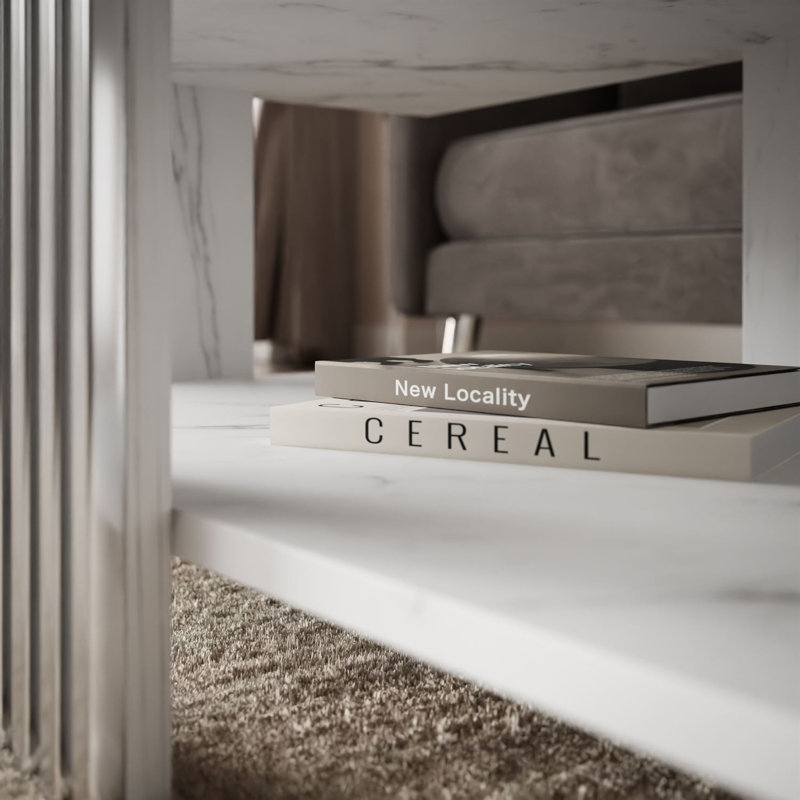 Four Leg Coffee Table with Storage, White, Silver, Marble