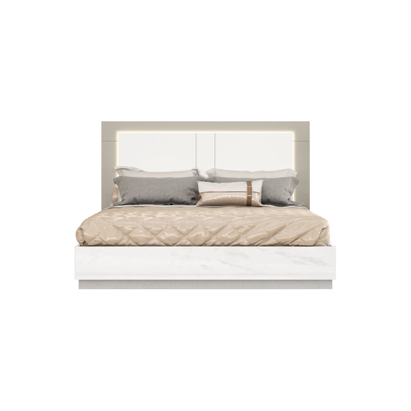 Cadre de lit Frishta blanc ultrabrillant avec tête de lit à DEL, Grand