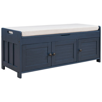 Storage Bench With 3 Shutter-Shaped Doors, Shoe Bench With Removable Cushion And Hidden Storage Space