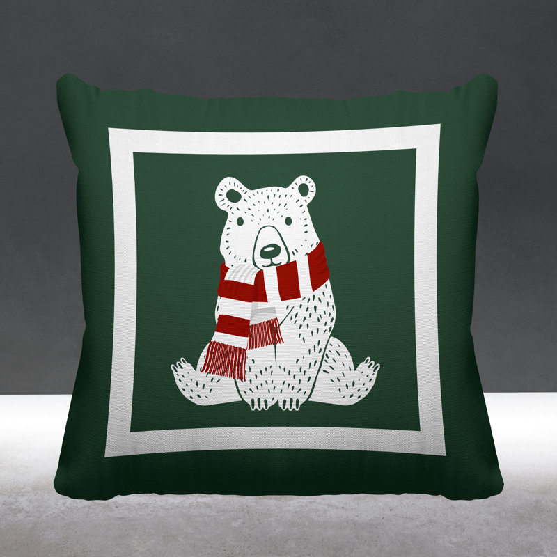 Coussin intérieur / extérieur Folk Christmas Bear, L 15 po x H 15 po, Sauge