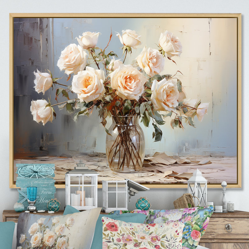 «Roses Farmhouse Still Life - Roses, art mural grand», Cadre naturel flottant, H 30 po x l 40 po x P 1,5 po