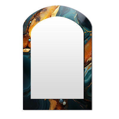 Gold and green topaz Agate Granite V - Abstract Arch Wall Mirror, Gold Asymmetrical Decorative Mirror, Printed Metal Art