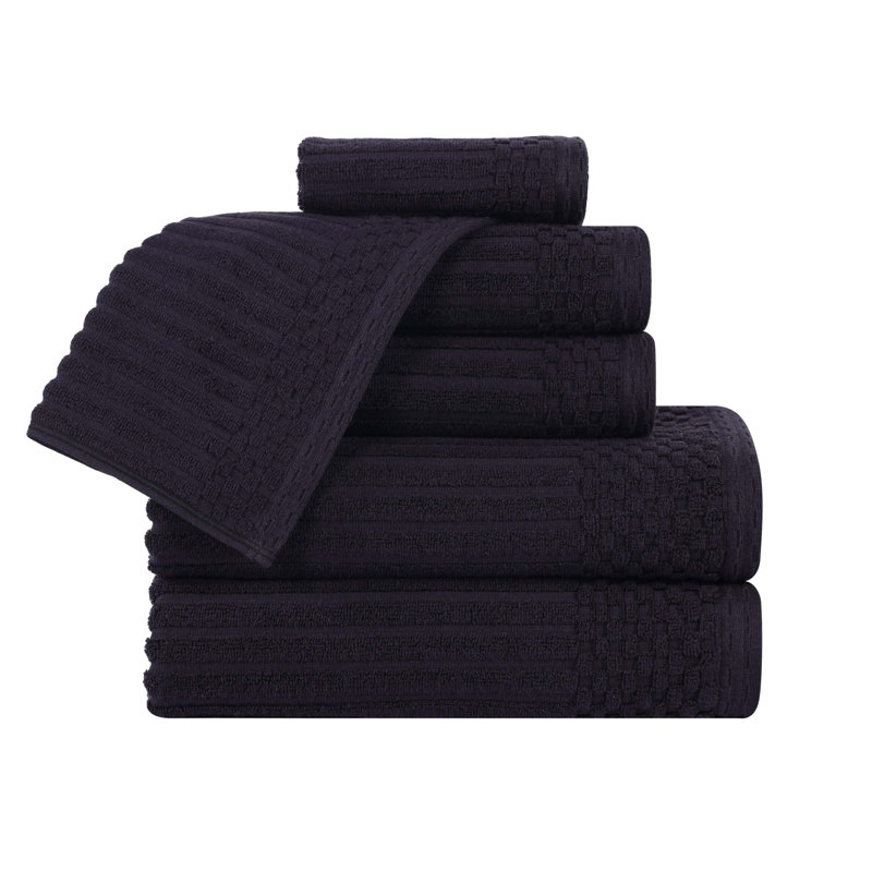Ensemble de serviettes en coton très absorbant de six articles avec bordure unie et carreauté Ruvins, Noir