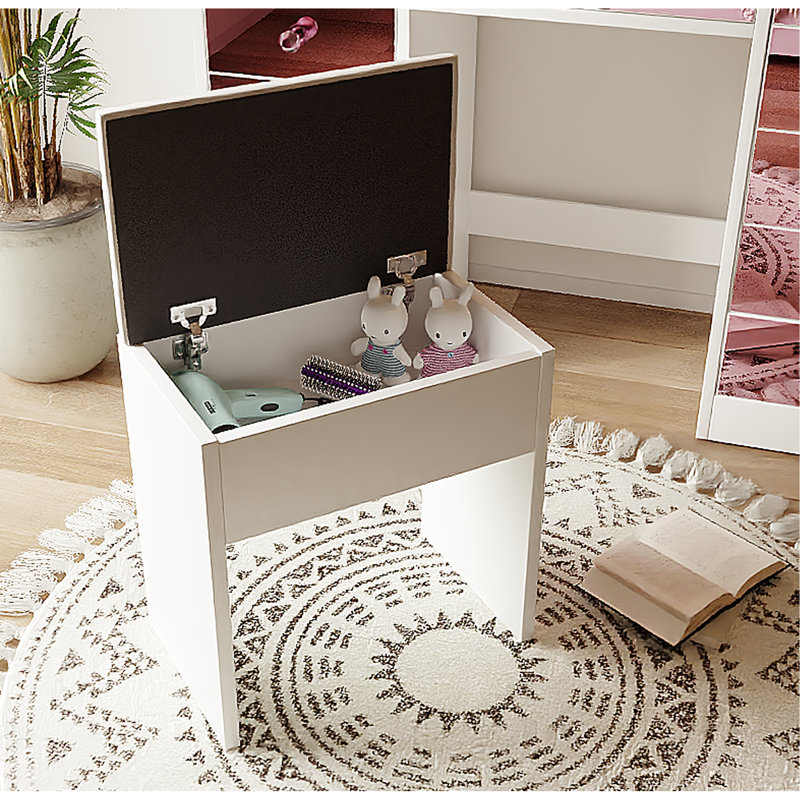 White Vanity Table, Pink Drawers, Bulbs, 3 Lighting Modes, Glass Top, Velvet Stool, Ample Storage, Charging Ports Table With Mirrored Finish, 11 And Stool. Station Storage