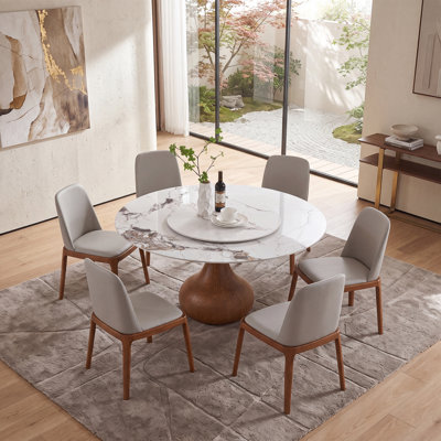 Eco-friendly 360° Rotating Round Dining Table, Easy-clean Sintered Stone Top & Solid Oak Base