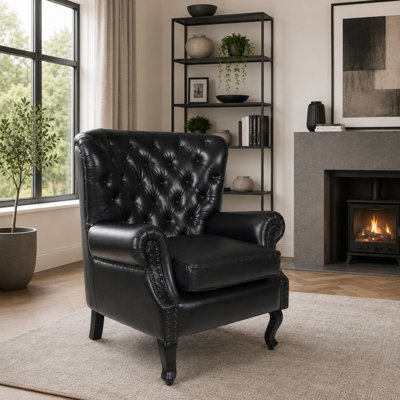 Genuine Leather Upholstered Armchair in Black