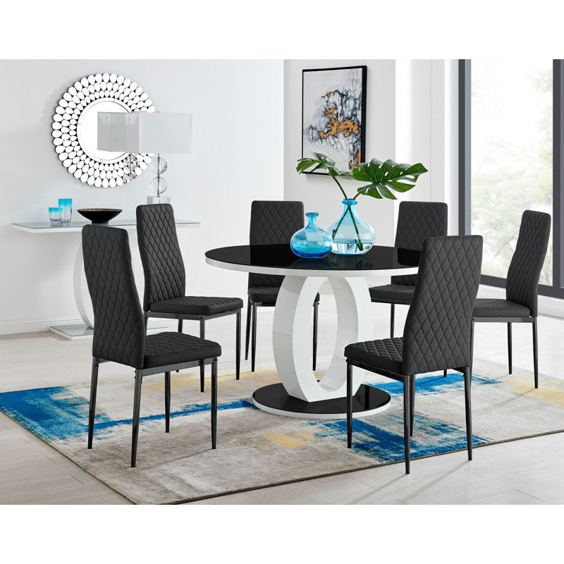Scottsmoor 4 Seater High Gloss Round Dining Table Set with 4 Luxury Faux Leather Dining Chairs, Cappuccino, Black/White