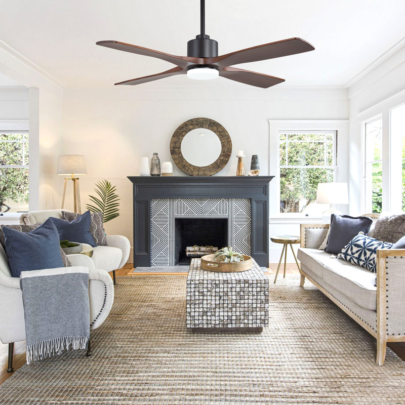 Dc Motor 4 Solid Wood Blades Indoor Ceiling Fan With Light Kit, 48'' Wide, Walnut, Black