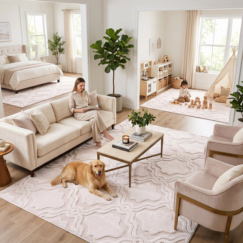 Washable Low Pile Area Rug 8X10 Ft - Non-Slip Modern Geometric Beige & Apricot, Rectangle 8' x 10'