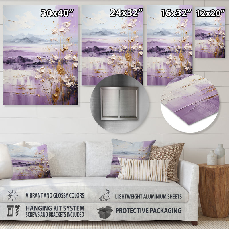 Paysage de montagne mauve et doré II - Paysage abstrait, H 32 po x l 16 po x P 1 po