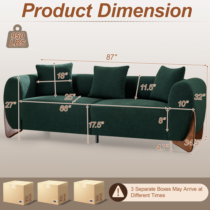 87" Upholstered Sherpa Boucle Sofa with Solid Wood Legs, Green