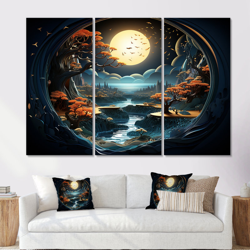 «Dreamy Moonlit Jungle II», art mural abstrait, H 28 po x l 36 po x P 1 po, Toile tendue