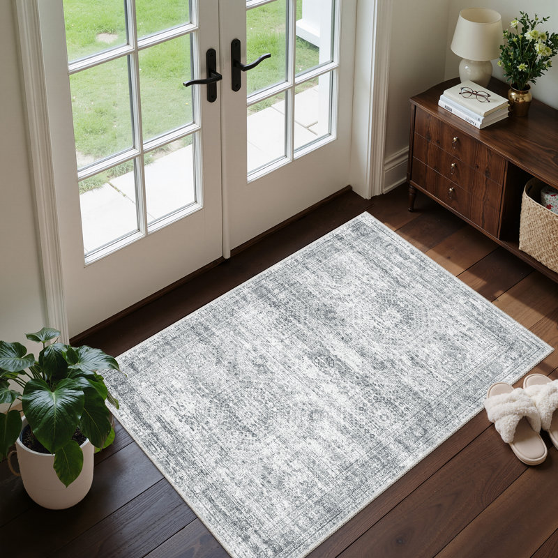 Machine Washable Distressed Non Slip Indoor Area Rug, Grey, Rectangle 50 x 80 cm