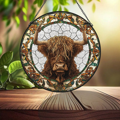Panneaux vitrail représentant une vache des Highlands, attrape-soleil pour la décoration de fenêtre