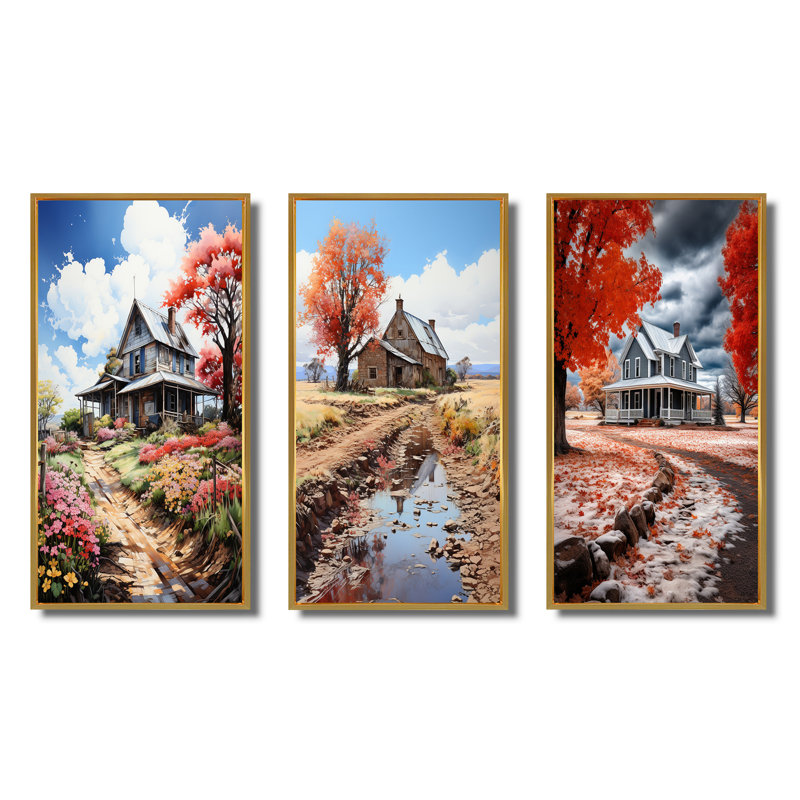 «Farmhouse Memories Pointillism», 3 pièces sur toile, Encadrement doré, H 28 po x l 36 po