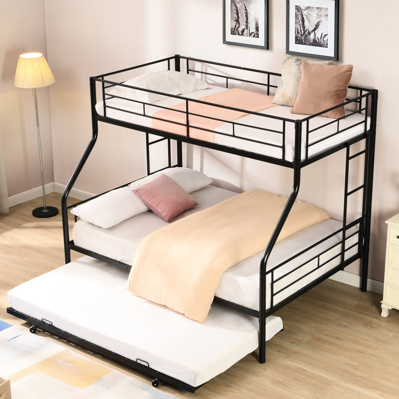 Lit superposé simple au-dessus d'un lit double en métal avec lit gigogne - Aucun sommier nécessaire, Style moderne, Espace, Facile à assembler, Économie d'espace, À assembler,