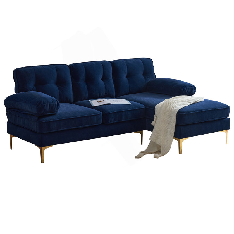 Luxury Velvet Upholstered L-Shaped Sofa with Removable Cushions and Sturdy Frame, Perfect for Modern and Retro Decor, Blue