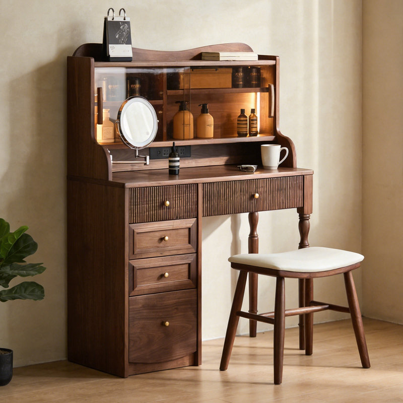 Coiffeuse vintage en noyer de 100 cm (39,37 po) avec armoire à tiroirs, armoire de rangement vitrée antipoussière et tabouret de coiffeuse