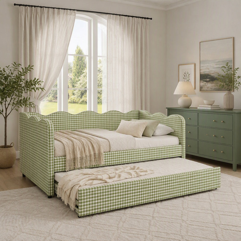 Twin Size 2‑in‑1 Sofa Bed Daybed with Trundle, Plaid Wavy Linen Upholstered Sofa‑to‑Bed with USB Charging Port, Rounded Corner Safe Design for Guest Room Bedroom