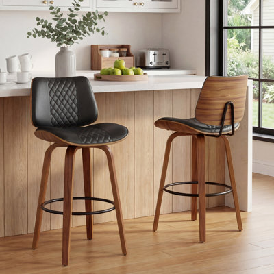 Mid-Century Modern Quilted Faux Leather Counter Height Bar Stools With Wood Legs and Metal Footrest