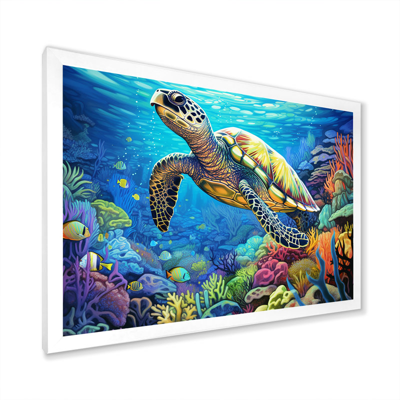 «Blue Sea Turtle World» - art mural corail sous l'eau, H 12 po x l 20 po x P 1 po, Cadre blanc