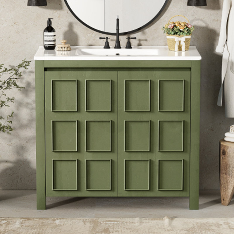Organisateur de meuble-lavabo 36 "avec lavabo en céramique, Vert olive