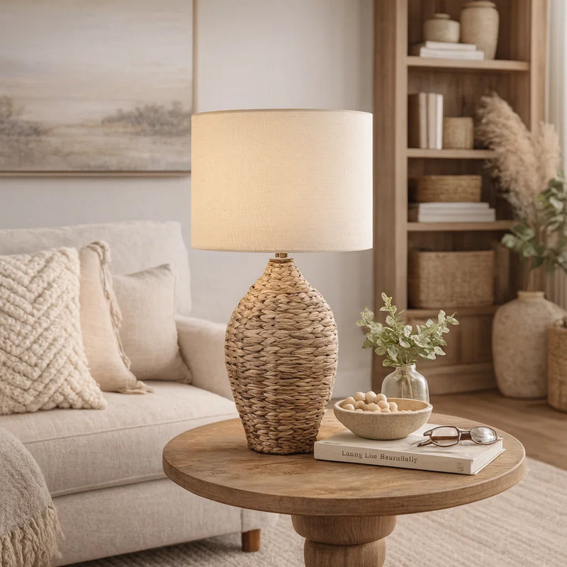 Lampe de table Lanny, base en vase de rotin naturel tissé, lin beige, Brun