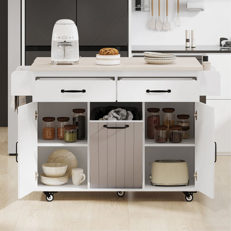 Kitchen Island with Trash Can Storage Cabinet, Kitchen Cart with Drop Leaf, Spice Rack, Towel Rack and Drawer, Rolling Kitchen Island on Wheels with Adjustable Shelf
