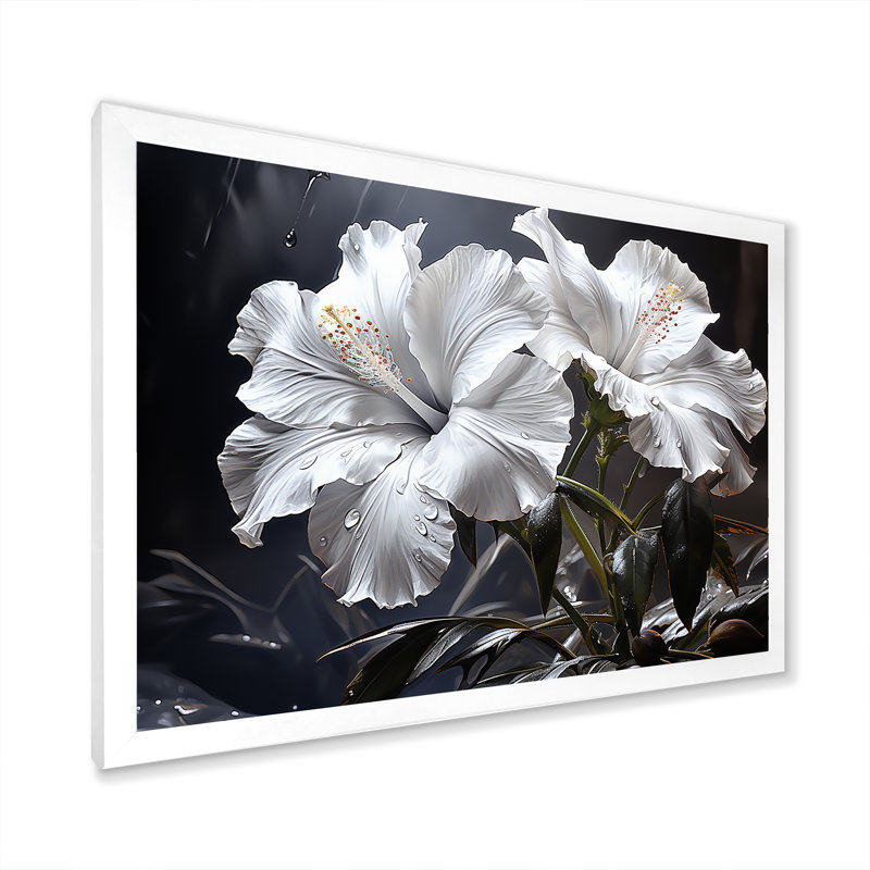Fleurs d'hibiscus illuminées par Moonlig - salon d'art mural hibiscus, Cadre simple blanc, H 16 po x l 32 po x P 1 po