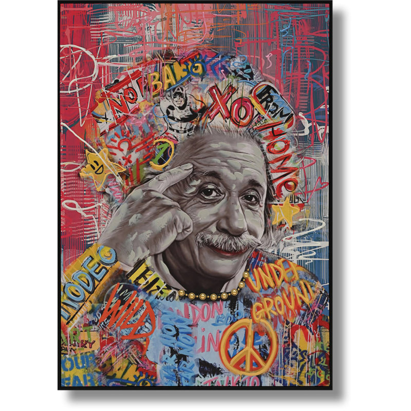 Art mural sur toile Einstein Urban Graffiti Pop - 28 po x 40 po - Cadre noir