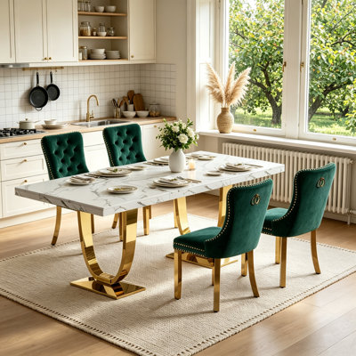 70.8" Faux Marble Dining Table Set with Tufted Velvet Upholstered Chairs, , Modern Rectangular Kitchen & Dining Room Table with Stainless Steel Pedestal