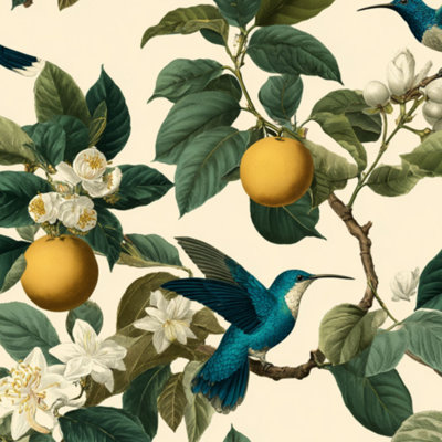 Peel and Stick Wallpaper Hummingbirds lemon floral leaf tropical Citrus branches bird vintage Contact Paper Removable Self Adhesive Wall Mural Wall Decor for Bedroom Kitchen Cabinets 24in x 118in