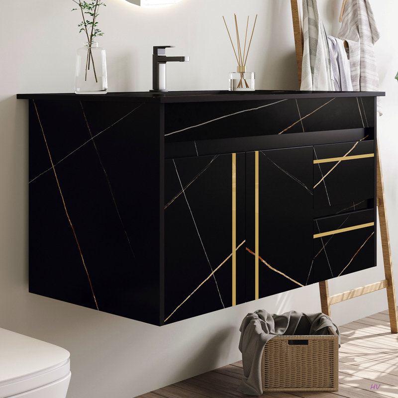 35.4 In Floating Bathroom Vanity With Sink And Faux Marble Top