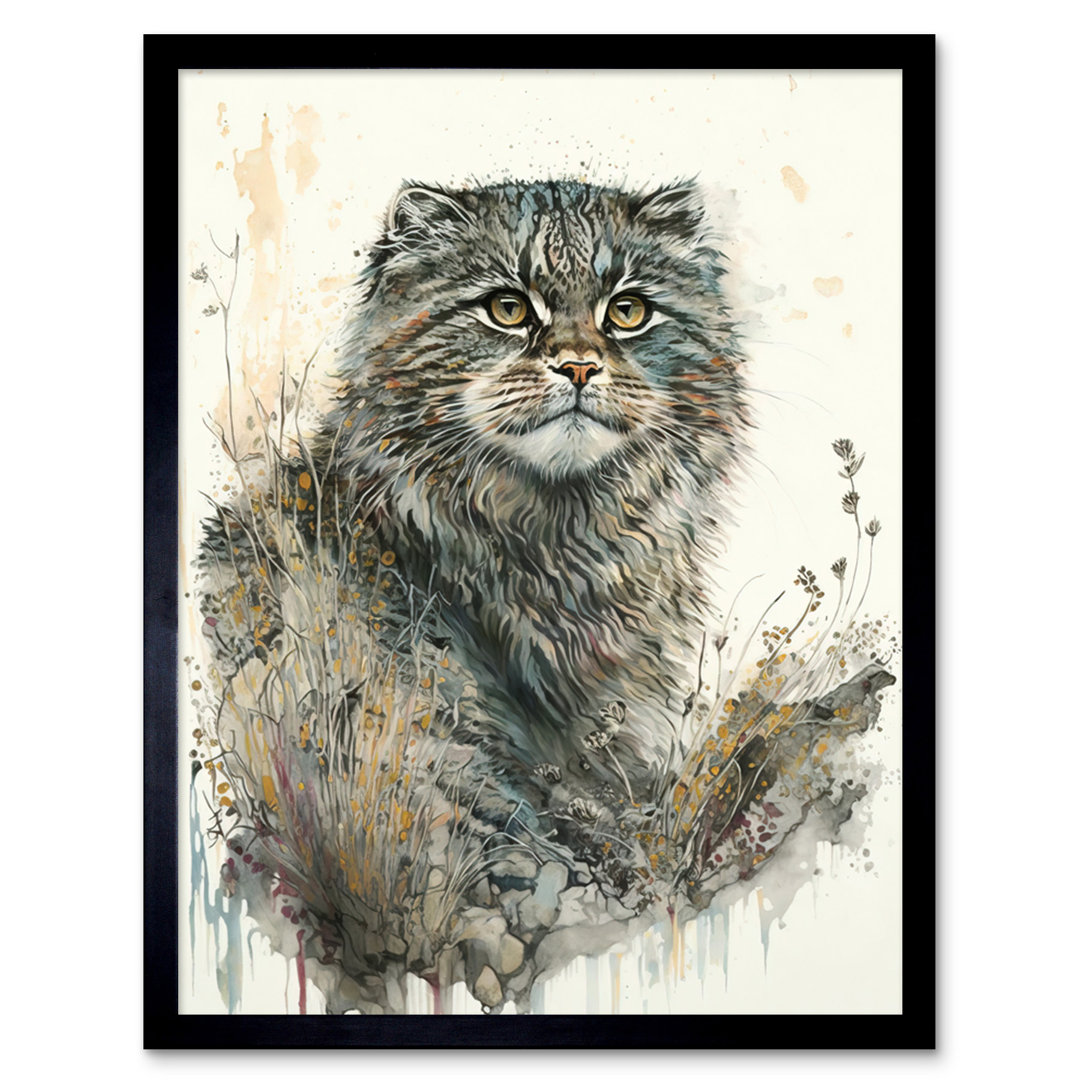 Manul Pallas Cat Portrait In Wildflowers Watercolour - Single Picture Frame Print