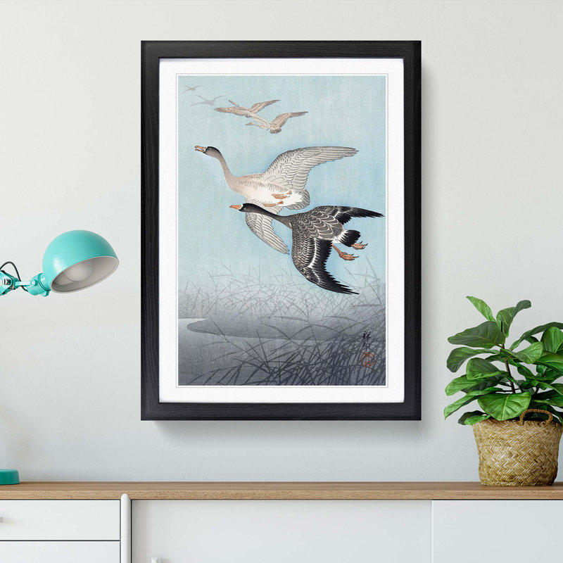 Great Geese in Flight by Ohara Koson - Picture Frame Painting Print, 87cm H x 62cm W x 2cm D, Black Framed