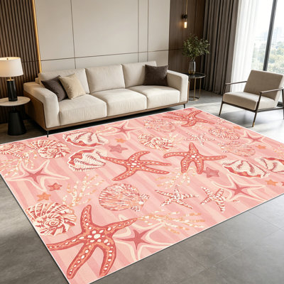 1PC Pink Coastal Nautical Seashell Starfish area rugs for Living Room, Soft and Comfortable, easy-to-maintain, machine washable Indoor floor mat, Under Table Farmhouse suitable for dining table, kitchen, bedroom, entryway, patio, hallway.