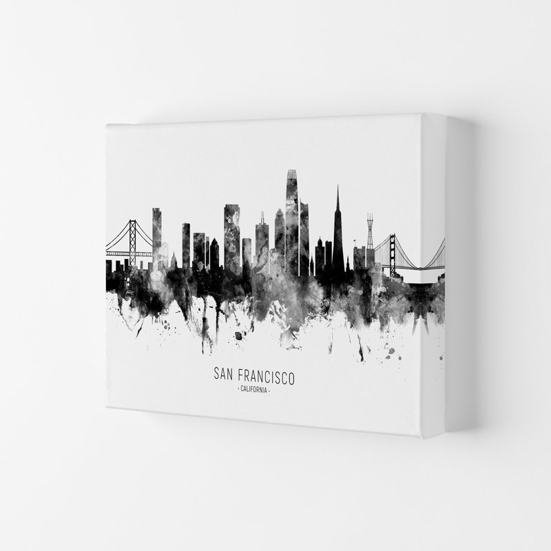 San Francisco California Skyline Black White City Name by Michael Tompsett - Print, 42cm H x 59.4cm W x 4cm D, Wrapped Canvas