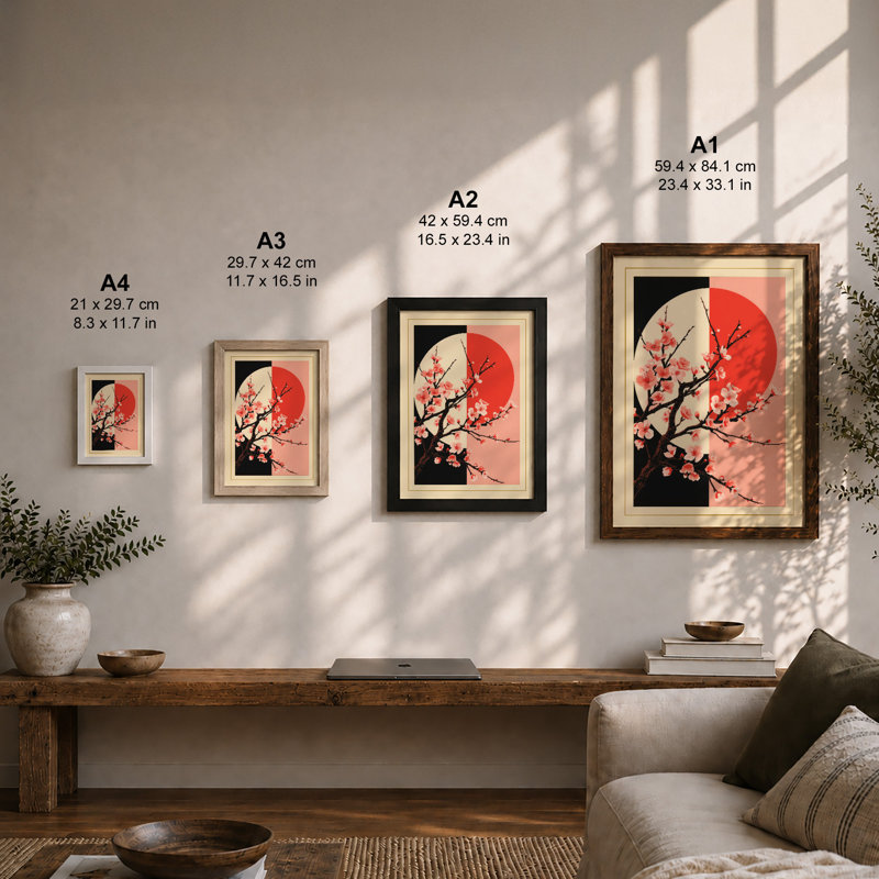 Moonlit Cherry Blossom Japandi - Framed Print, Unframed, A4 - 29.7 x 21.0 cm