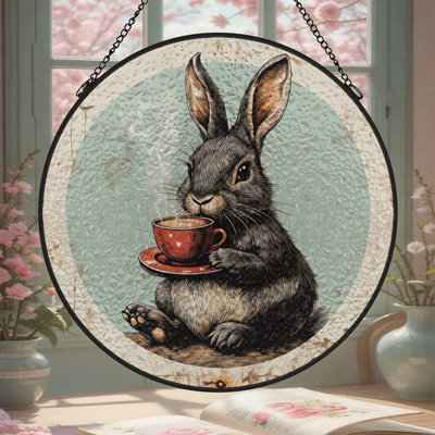 Vintage Distressed Dark Bunny Drinking Coffee Red Cup Stained Glass Panels Suncatcher for Window Decor