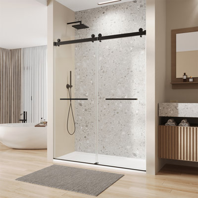 60" W X 76" H Frameless Double Sliding Shower Door, Soft-Close Matte Black Shower Screen, 5/16" (8Mm) Clear Nano-Coated Tempered Glass, Dual Stainless Steel Door Handles