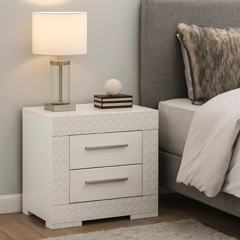 Table de chevet Ivon, 2 tiroirs de rangement, bois franc brillant de 26 pouces, Blanc
