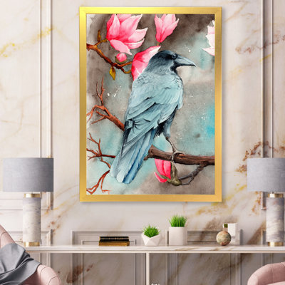 «A Raven On The Magnolia Branches With Flowers», reproduction sur toile